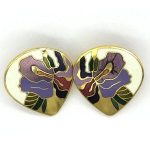 PURPLE ORCHID CLOISONNE earrings, signed MEOW, clip, vintage, teardrop 1"
